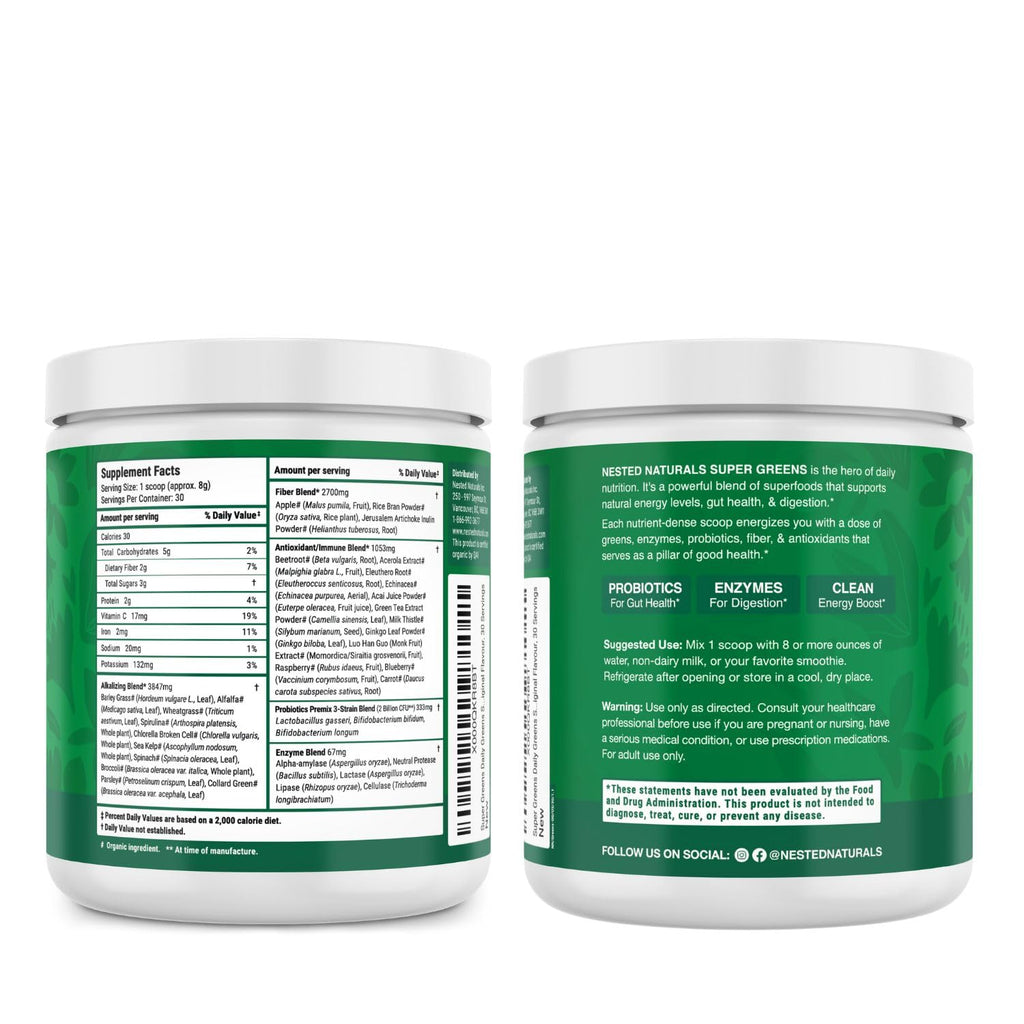 Nested Naturals Daily Superfood Powder bottle on a clean kitchen counter background
