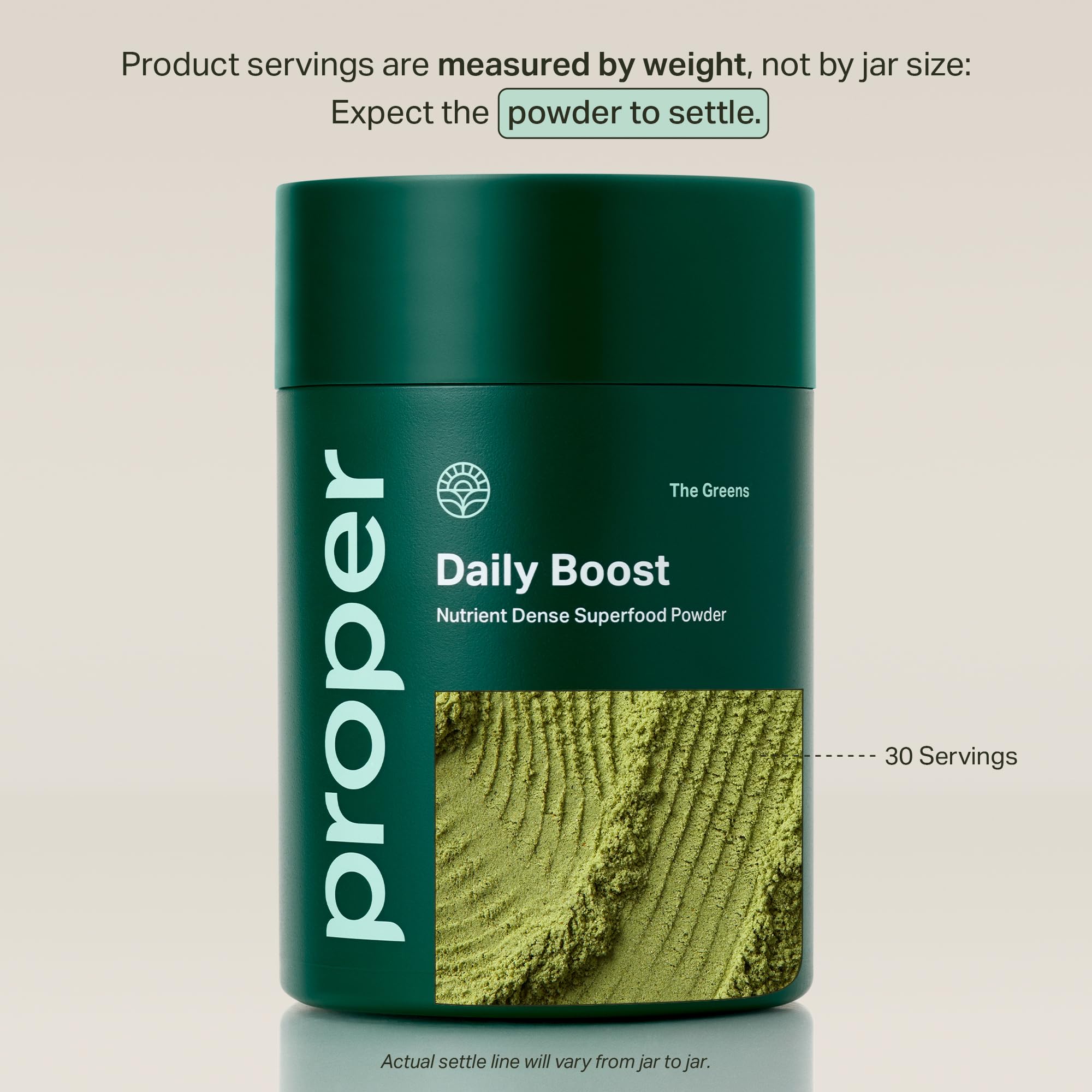Proper Health organic greens daily drink mix nutrition label detailing probiotics and wheatgrass blend