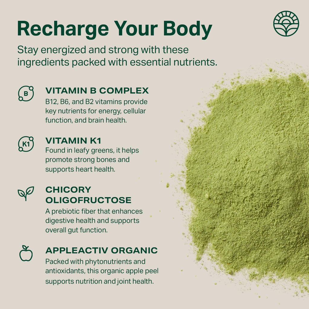 Proper nutrition greens daily boost powder canister highlighting plant based non GMO certification