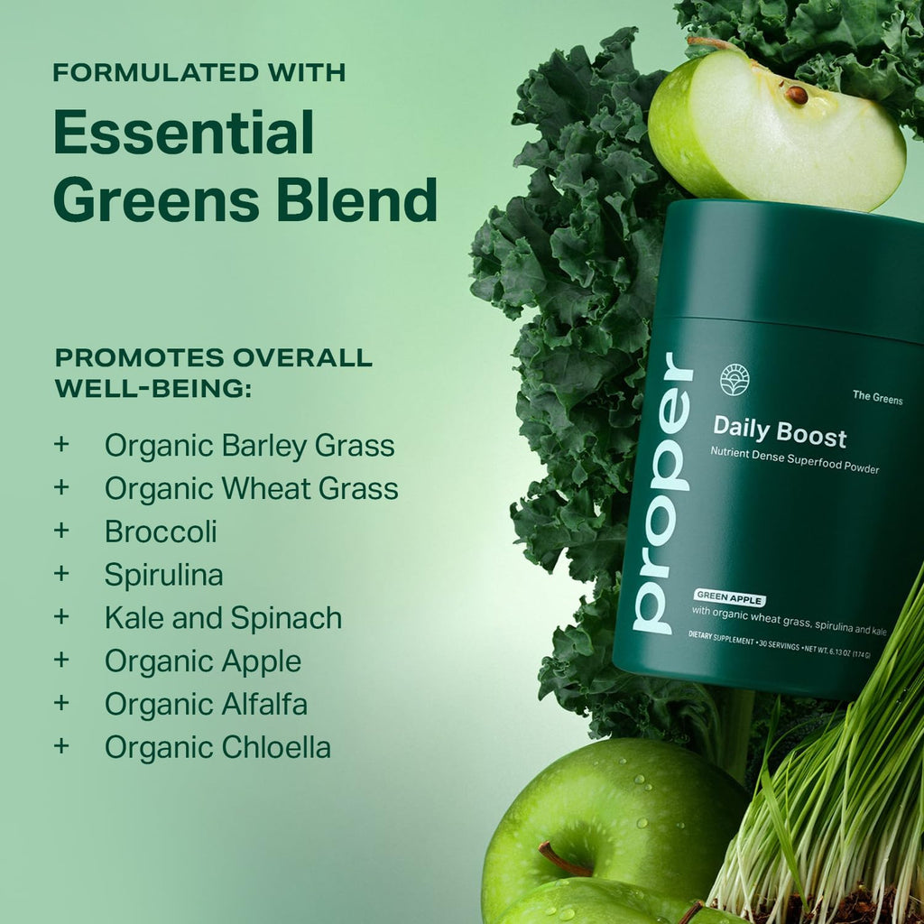 Proper apple flavored daily boost powder mixed smoothly into a clear glass of wellness juice