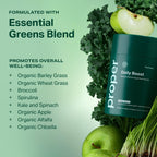 Proper apple flavored daily boost powder mixed smoothly into a clear glass of wellness juice