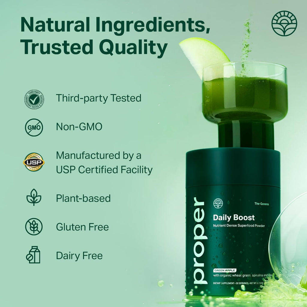 Proper The Greens daily boost superfood packaging displaying 30 servings container details