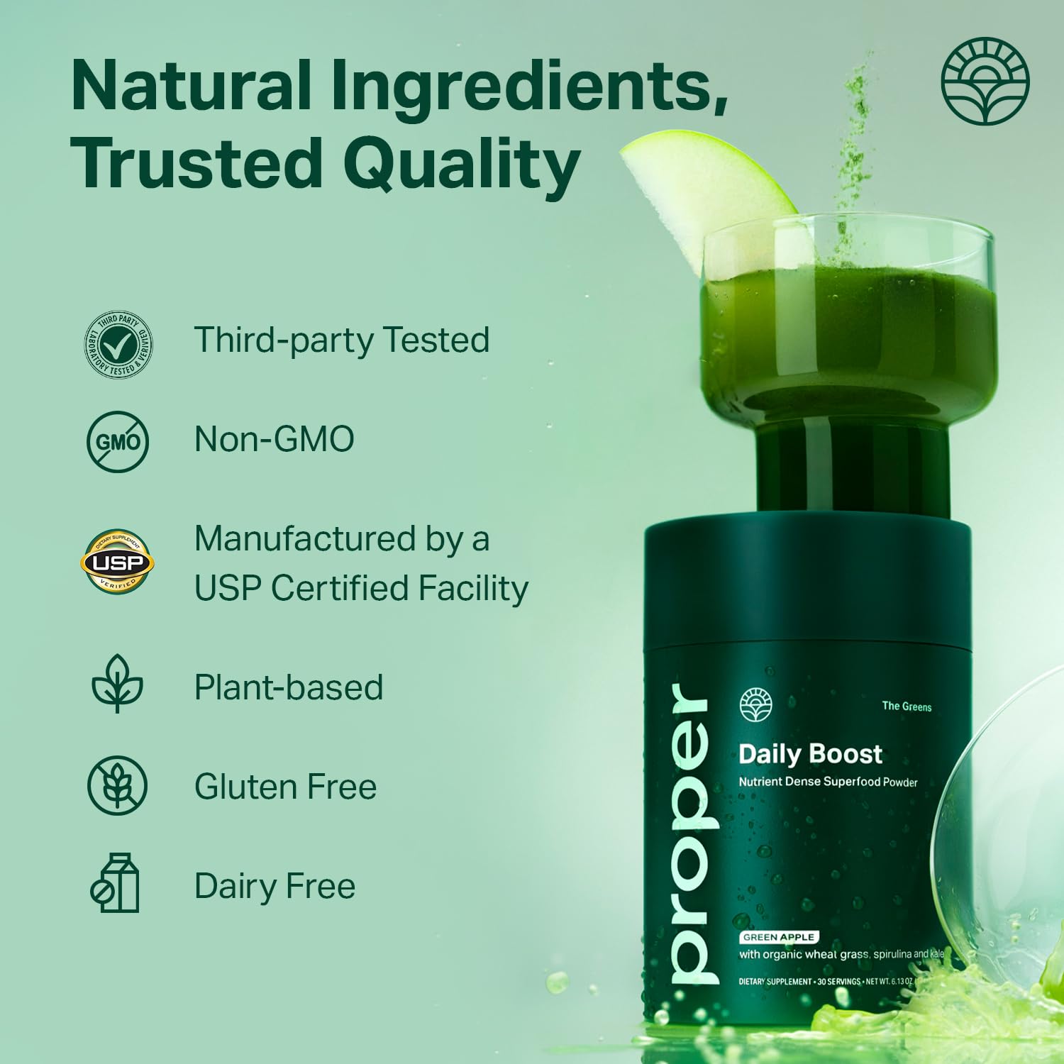 Proper The Greens daily boost superfood packaging displaying 30 servings container details