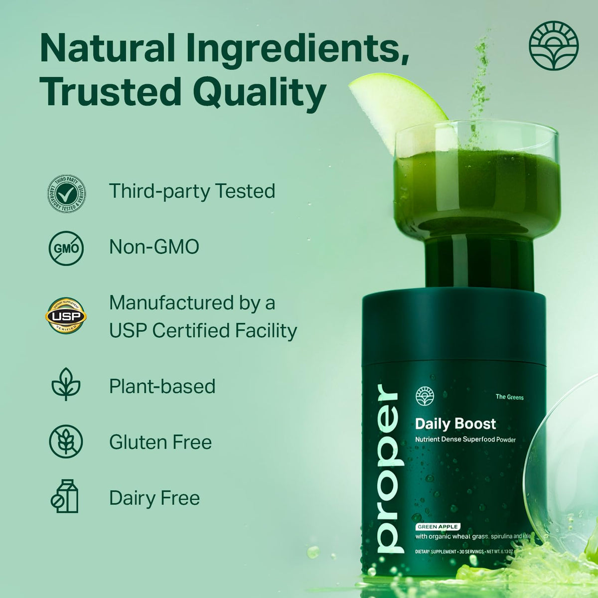 Proper The Greens daily boost superfood packaging displaying 30 servings container details