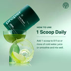 Proper organic wellness supplement close up showing the fine green apple veggie powder texture