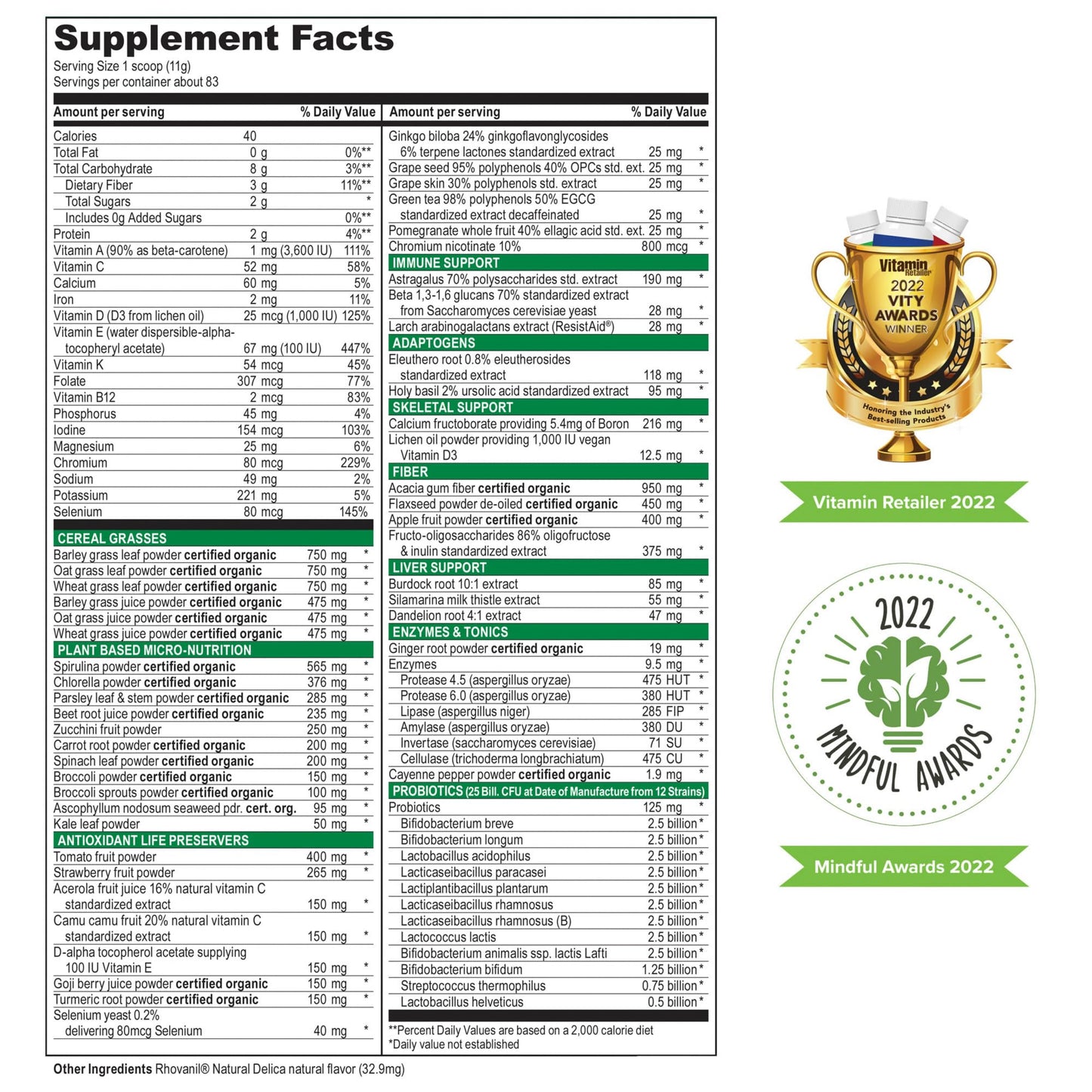 Vibrant Health vegan superfood powder showing probiotic and adaptogen benefits