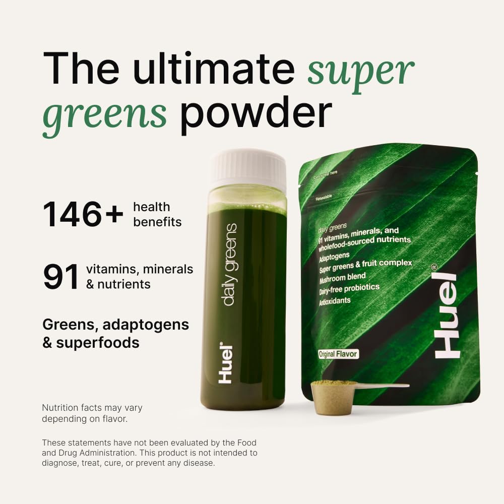 Huel Daily Greens 30 servings nutrition label showing 91 vitamins and minerals