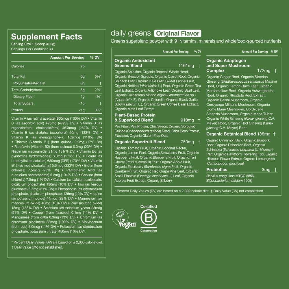 Huel Daily Greens original flavor powder package with organic ingredients illustration