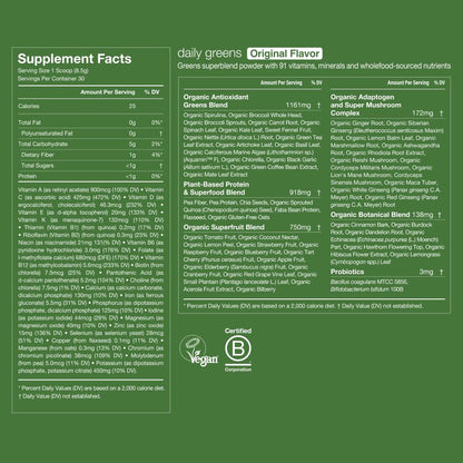 Huel Daily Greens original flavor powder package with organic ingredients illustration
