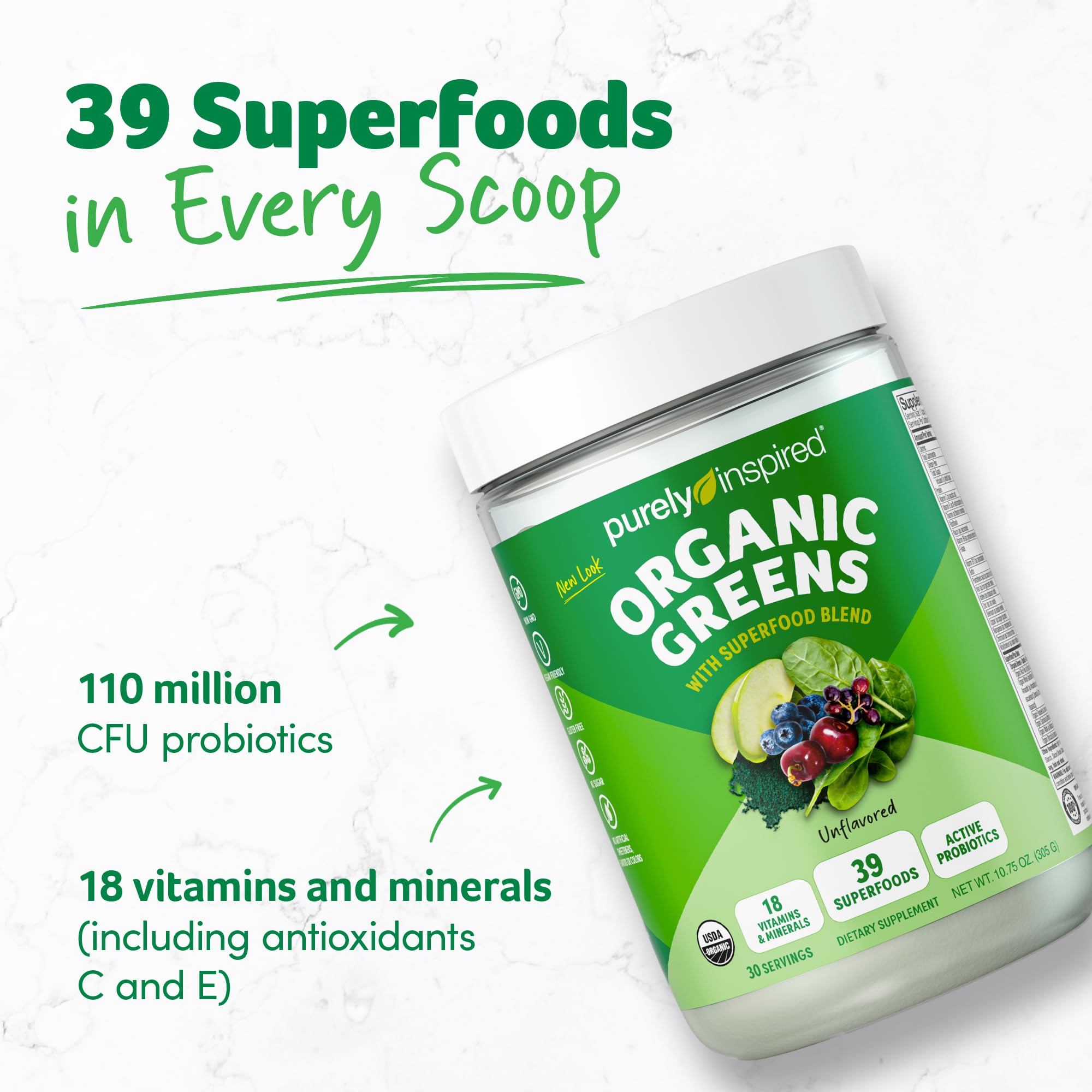 Purely Inspired super greens supplement 10.75 Ounce tub nutritional facts label view.