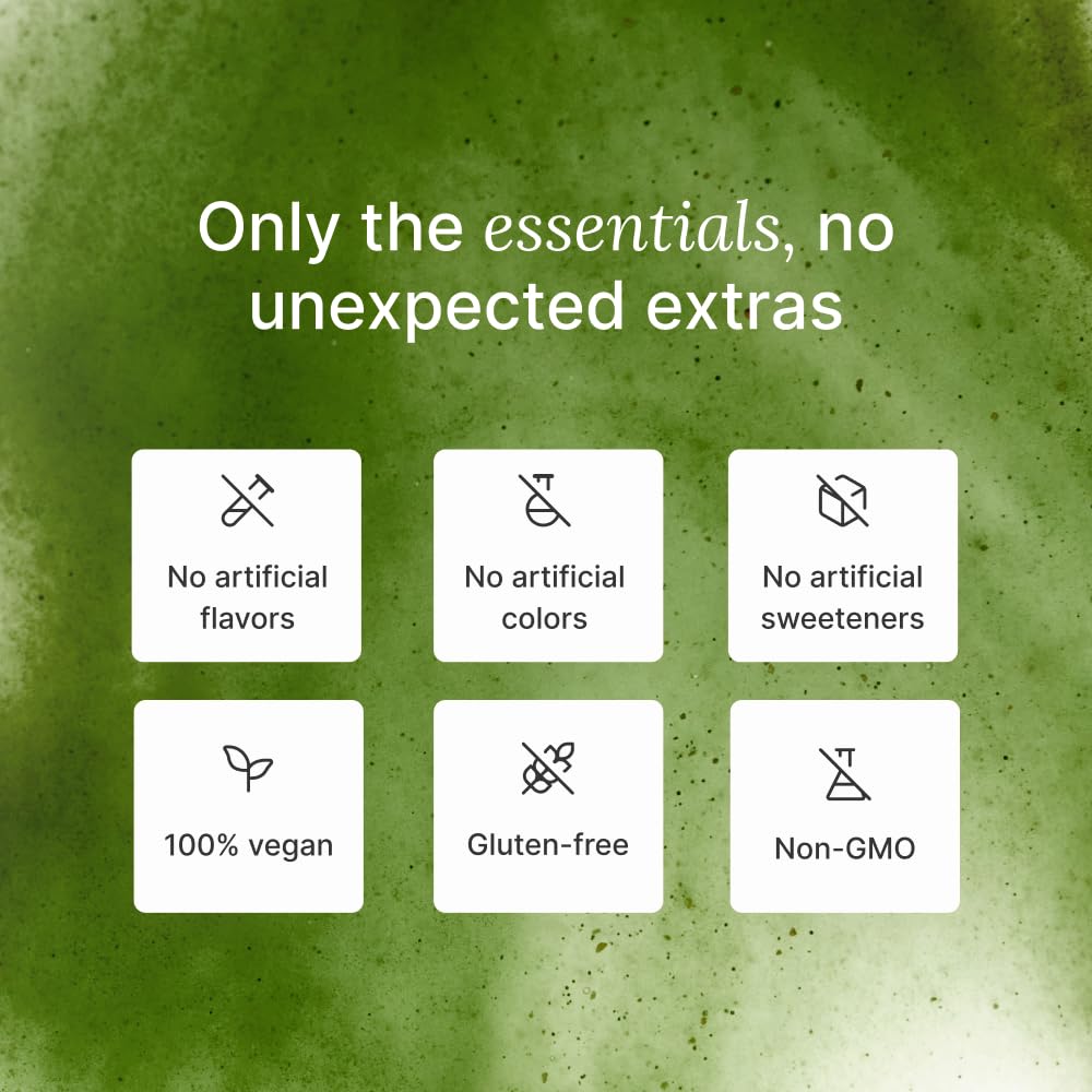Authentic imported Huel superfood greens supplement powder side view text