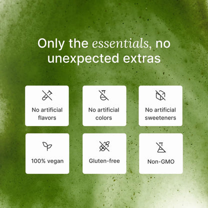 Authentic imported Huel superfood greens supplement powder side view text