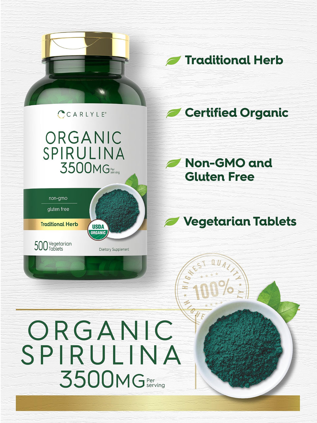 Carlyle non GMO gluten free spirulina supplement bottle top angle
