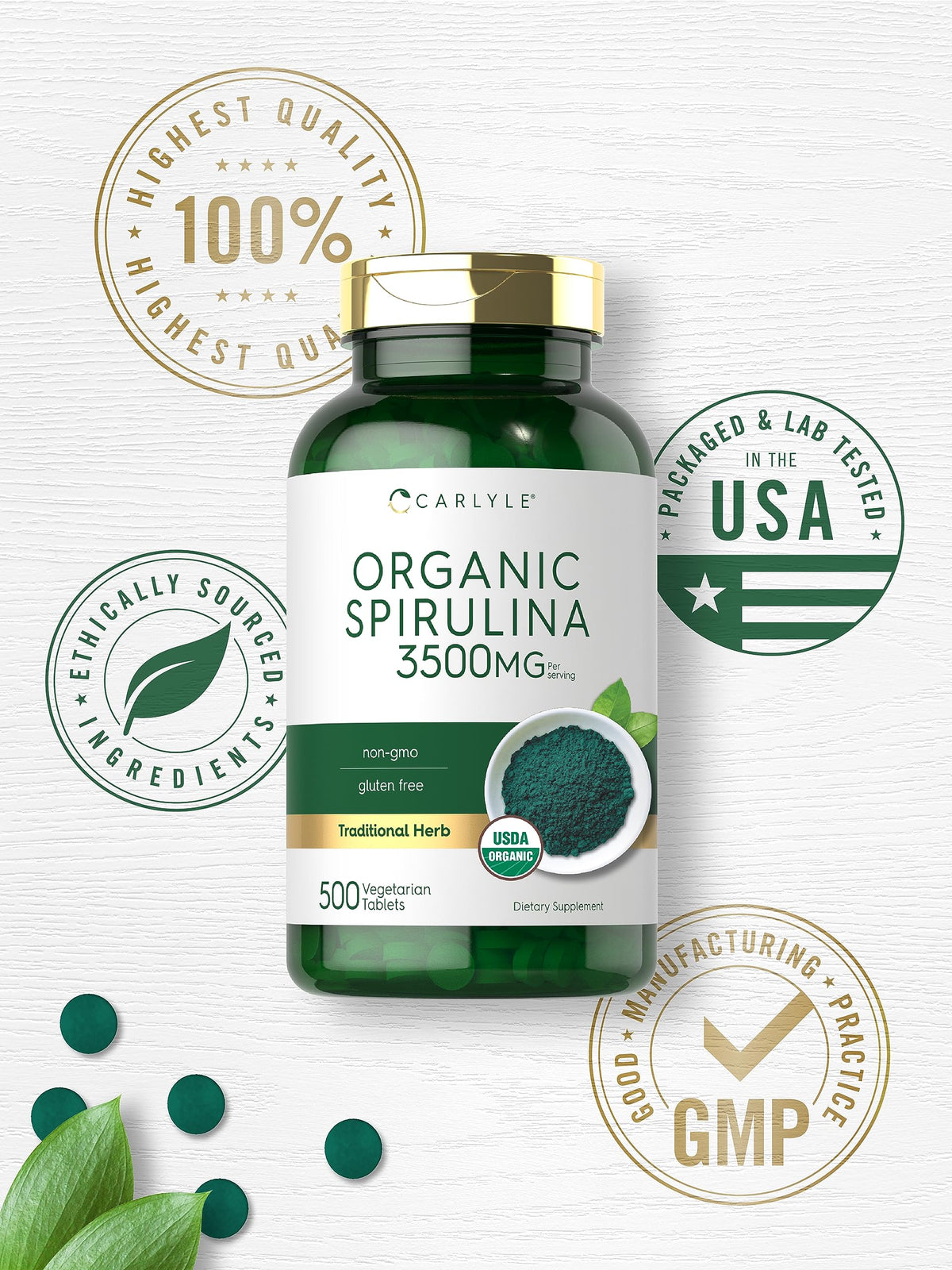 Carlyle USDA certified organic spirulina tablets lifestyle view