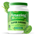 Amazing Grass Organic Super Greens Powder packaging displaying the 14 greens and fruits ingredient highlights