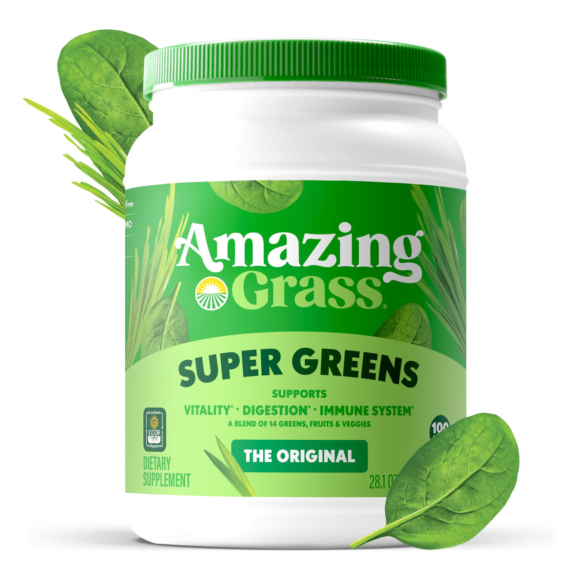 Amazing Grass Organic Super Greens Powder packaging displaying the 14 greens and fruits ingredient highlights