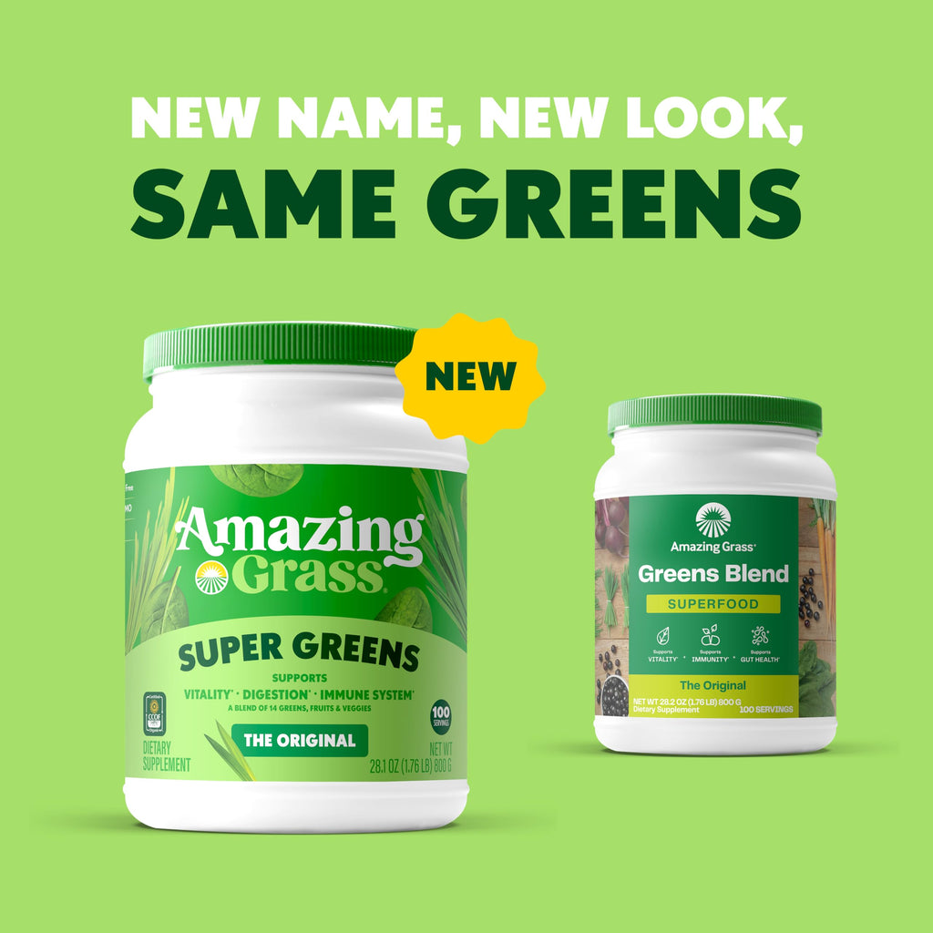 Back label of Amazing Grass Greens Blend Original showing the nutritional facts and CCOF organic certification logo