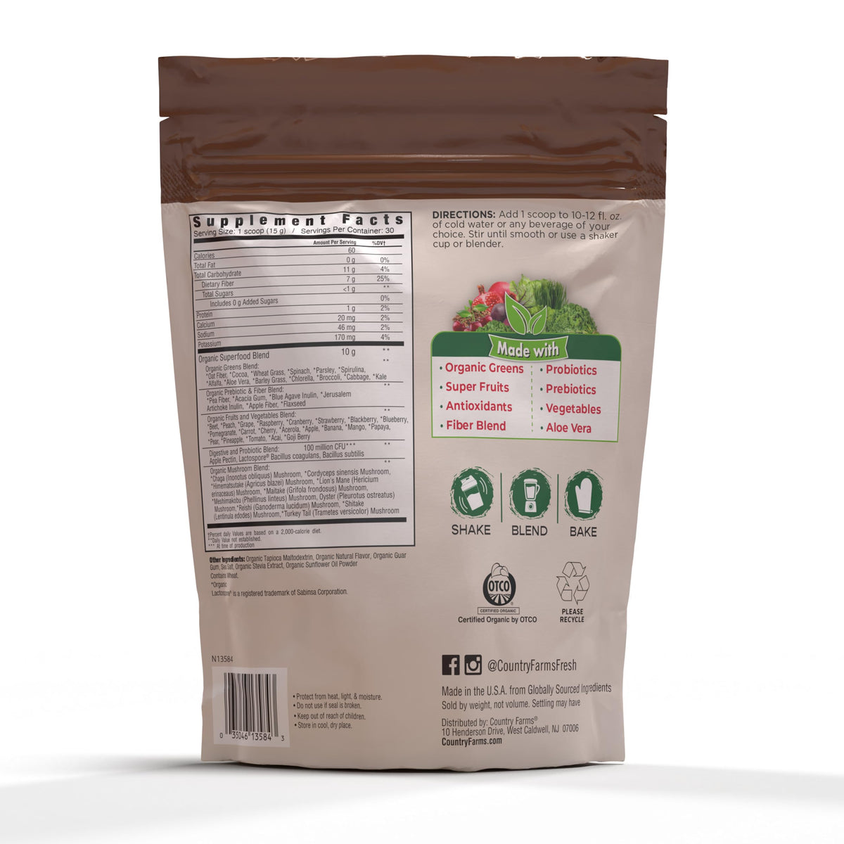 Country Farms Super Greens powder organic superfood supplement facts label