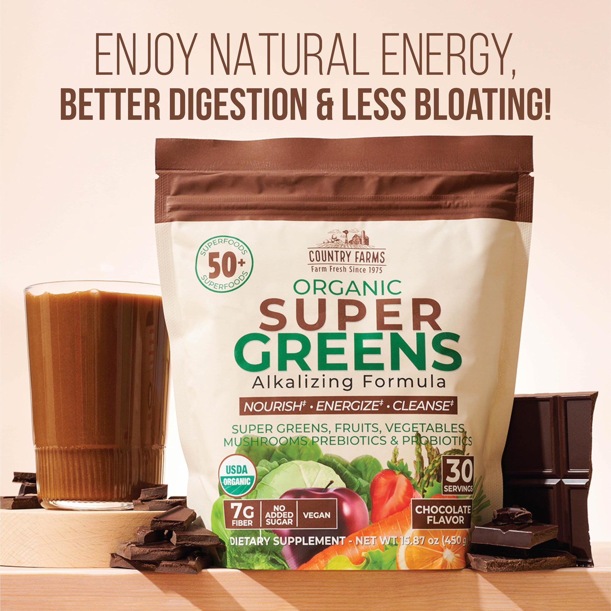 Country Farms daily greens drink mix chocolate flavor scoop representation