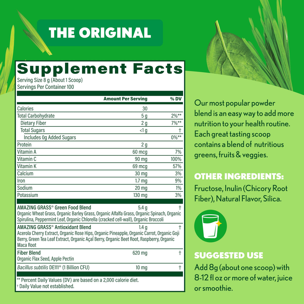 Amazing Grass Super Greens Powder 28.1 Ounce container highlighting the beet root and antioxidant blend benefits