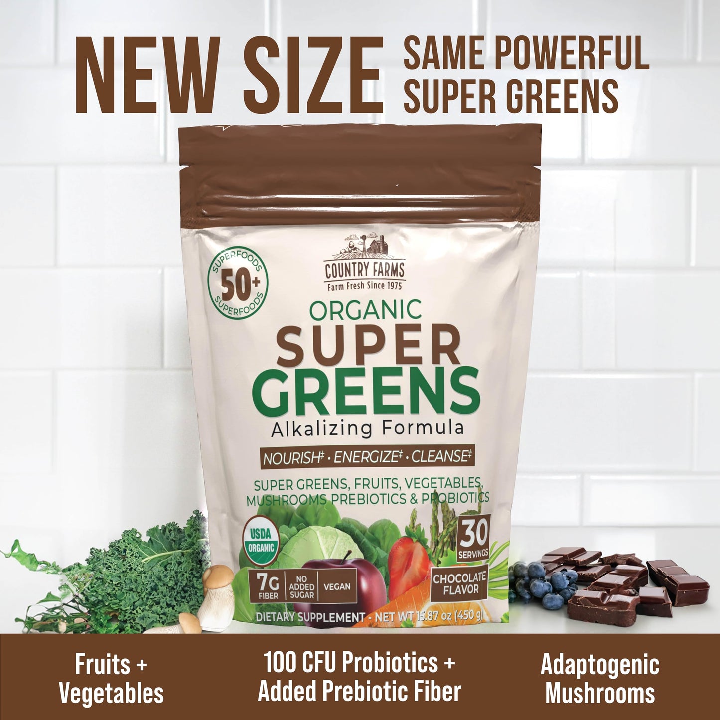 Country Farms Super Greens 30 servings container showing 50 superfoods list