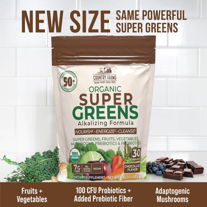 Country Farms Super Greens 30 servings container showing 50 superfoods list