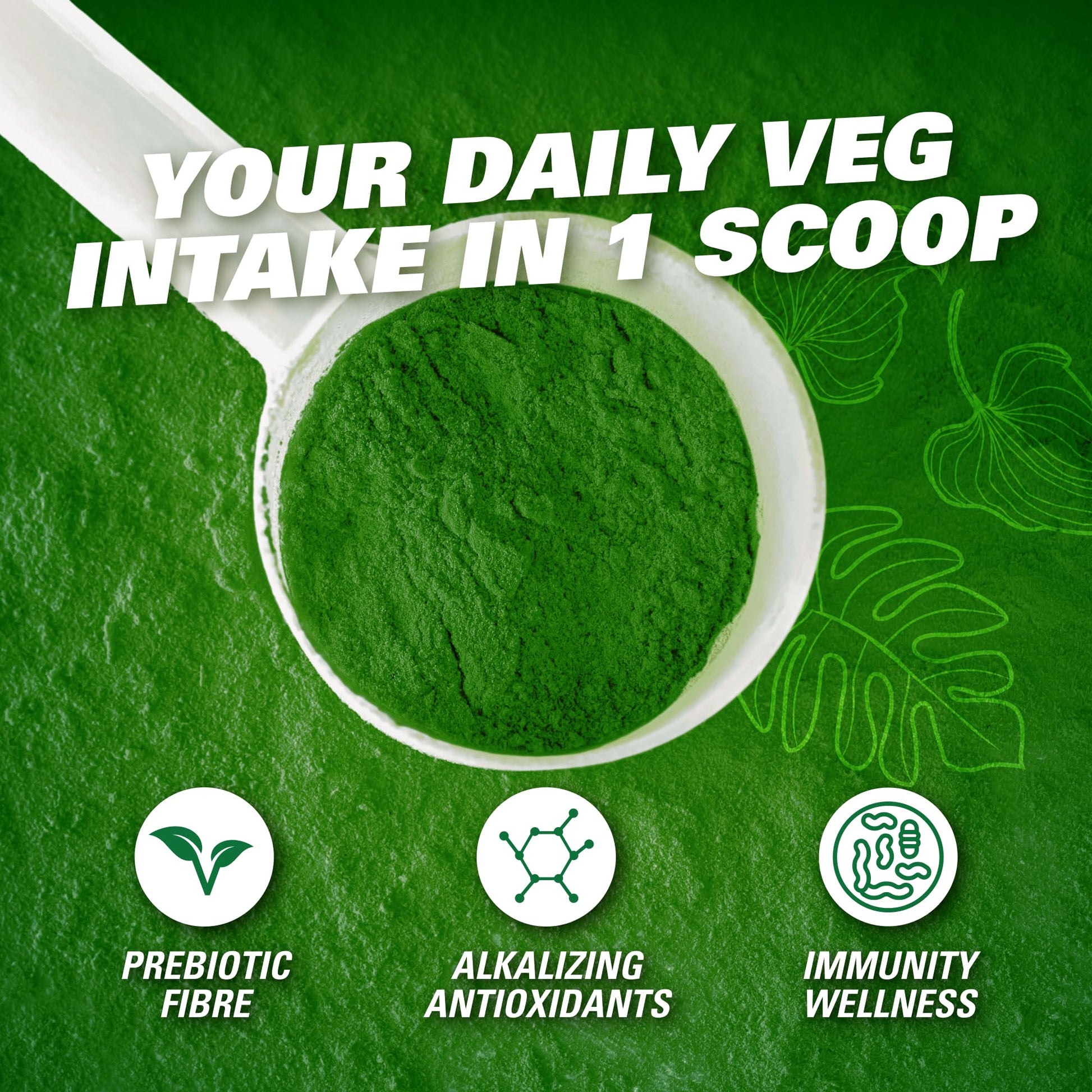 Spirulina and chlorella green juice powder supplement nutrition facts side view