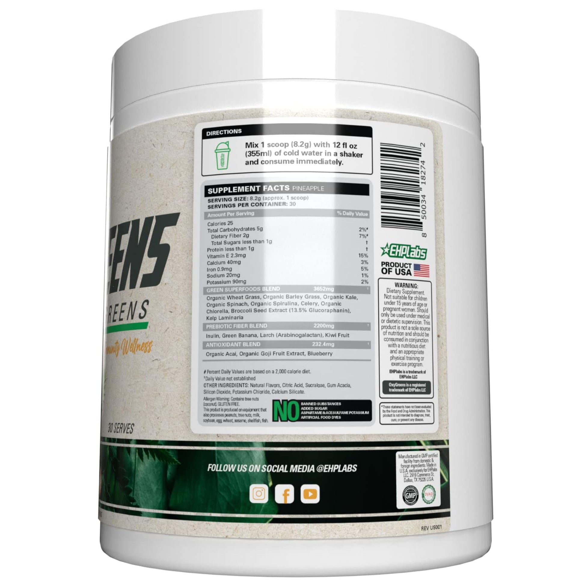 Antioxidant rich pineapple greens powder container base with authenticity seal