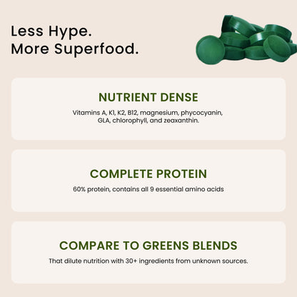 Pure Hawaiian Spirulina Pacifica tablets container showcasing premium quality ingredients