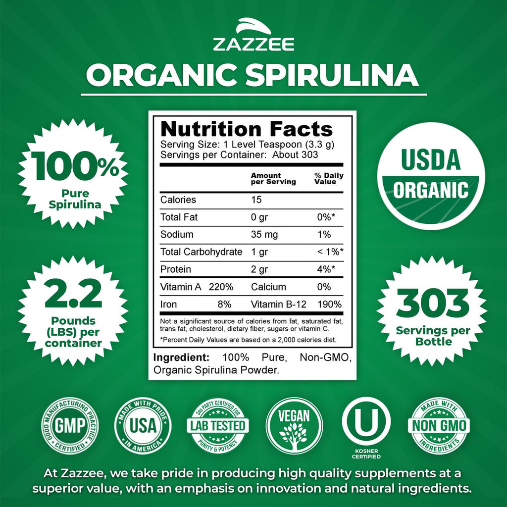 Zazzee premium organic spirulina powder nutrient dense green superfood supplement