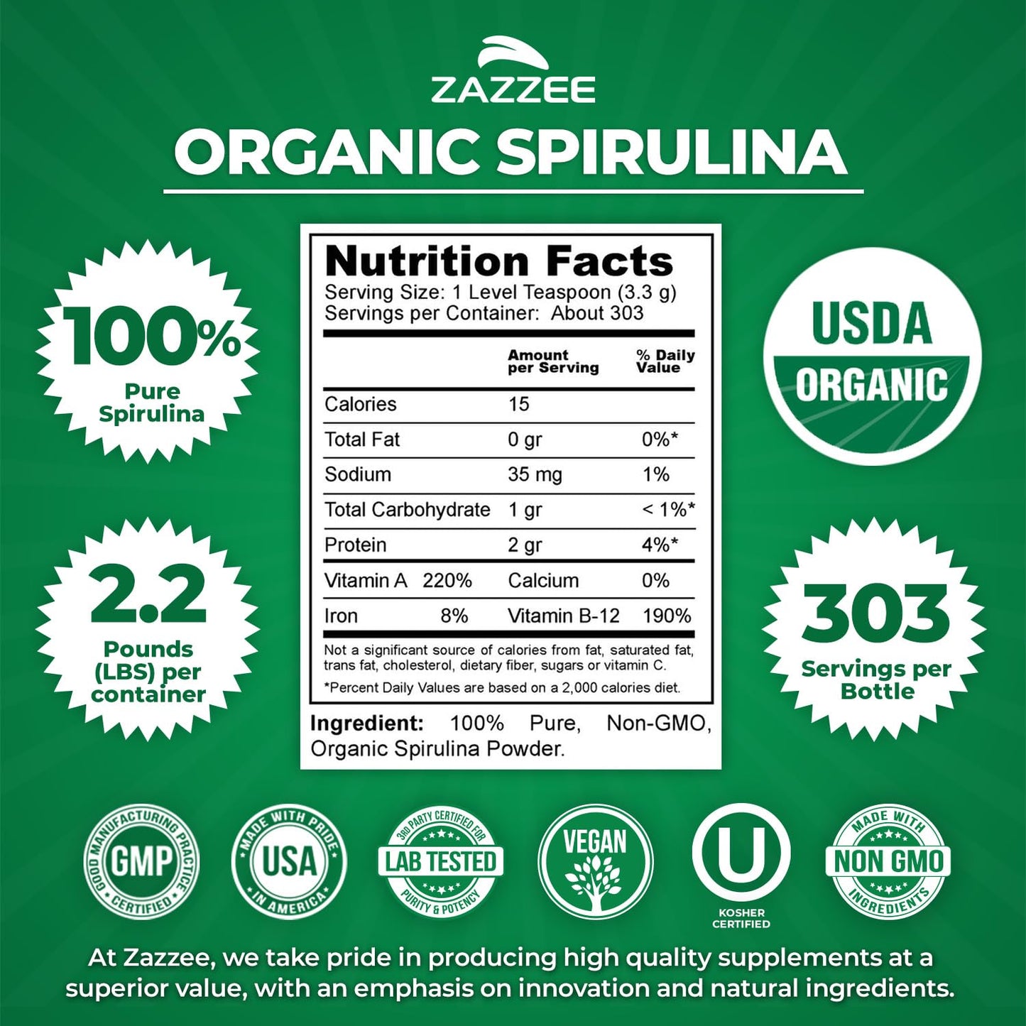Zazzee premium organic spirulina powder nutrient dense green superfood supplement