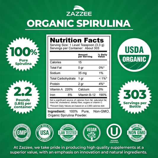Zazzee premium organic spirulina powder nutrient dense green superfood supplement