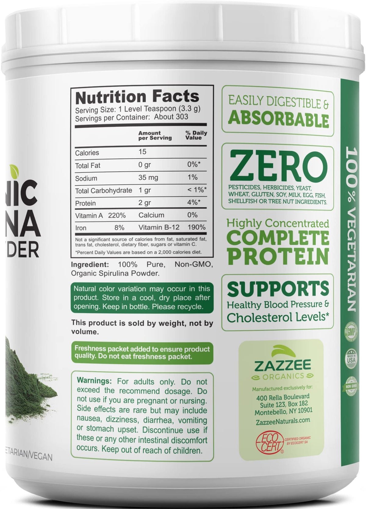 Zazzee certified organic blue green algae powder antioxidant benefits
