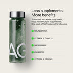 Athletic Greens AG1 supplement bag highlighting the seventy-five vitamins and probiotic benefits for gut health
