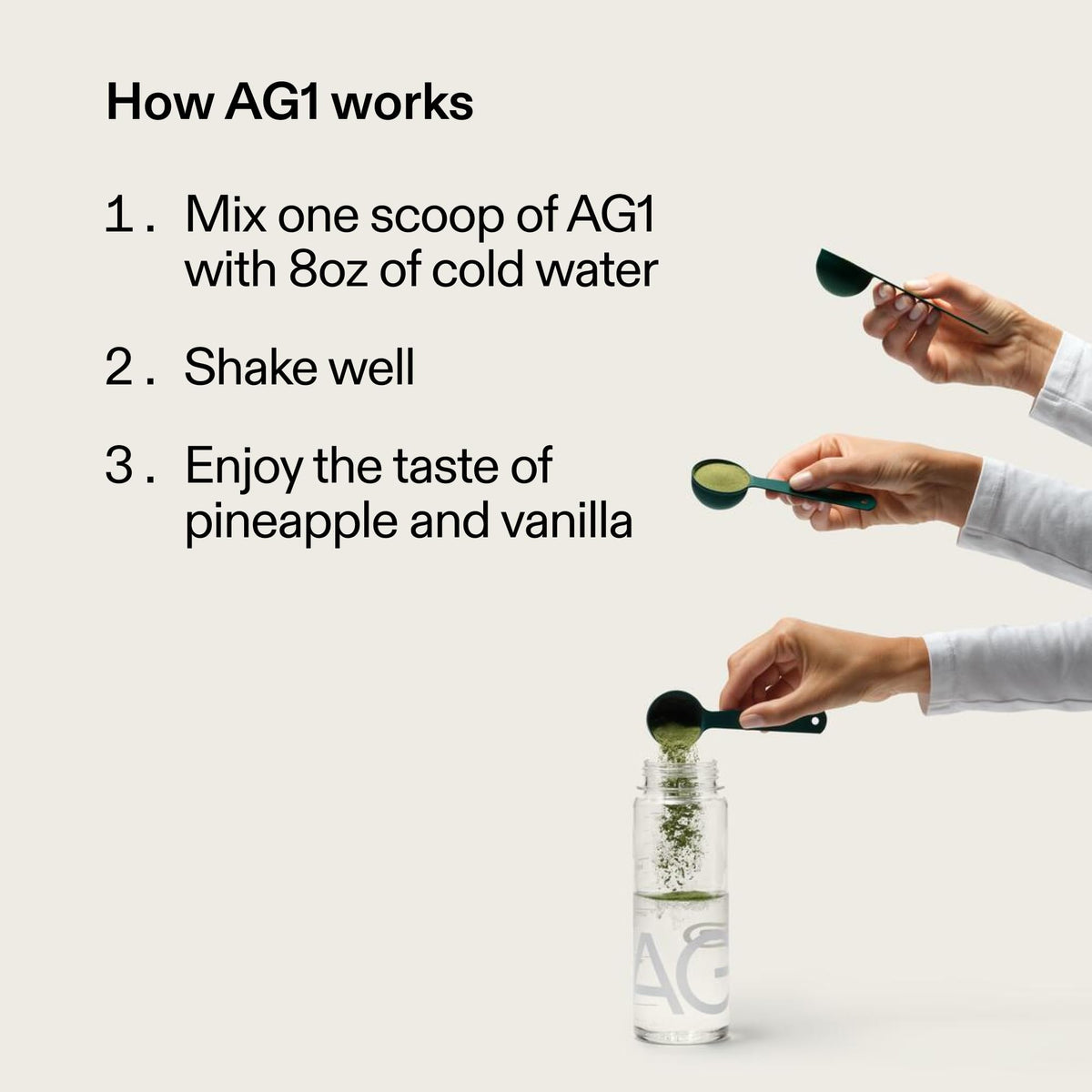 Authentic USA imported Athletic Greens AG1 lifestyle display showing the daily health drink consistency