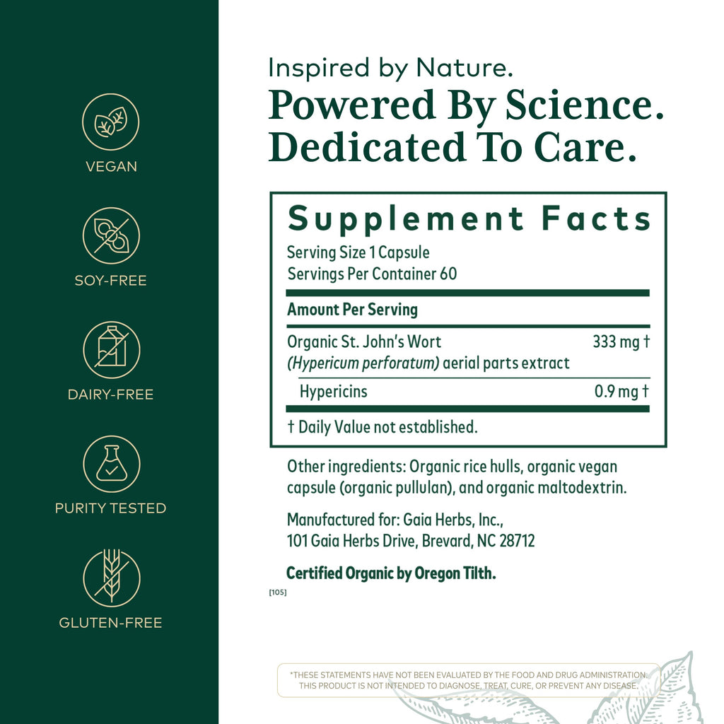 Side angle of Gaia Herbs Professional Solutions St Johns Wort bottle showcasing organic ingredient profile.