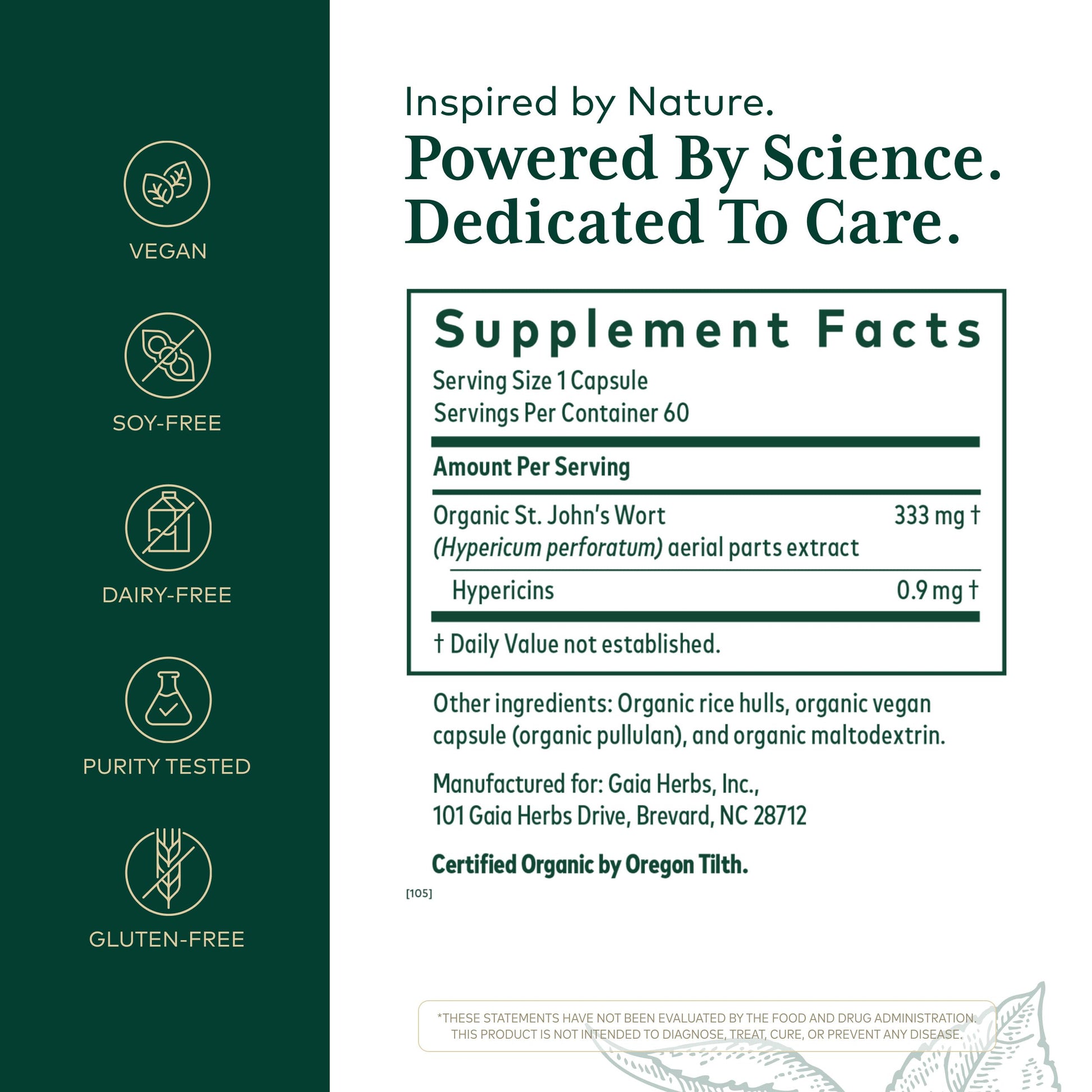 Side angle of Gaia Herbs Professional Solutions St Johns Wort bottle showcasing organic ingredient profile.