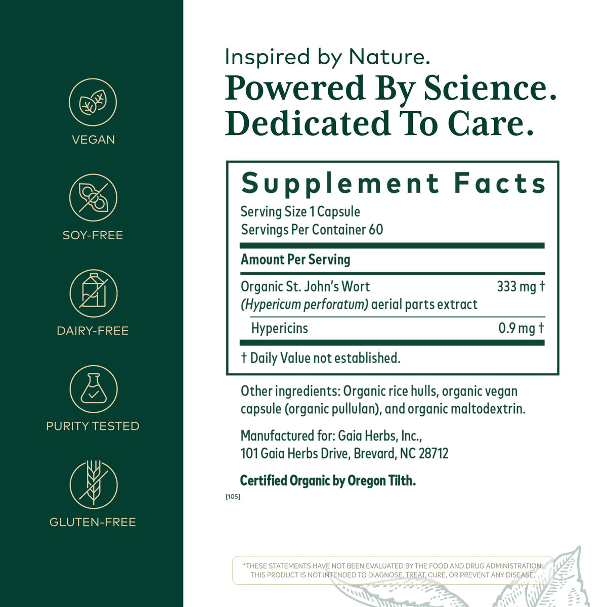 Side angle of Gaia Herbs Professional Solutions St Johns Wort bottle showcasing organic ingredient profile.