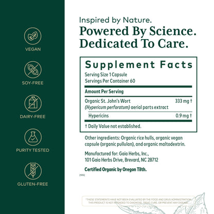 Side angle of Gaia Herbs Professional Solutions St Johns Wort bottle showcasing organic ingredient profile.
