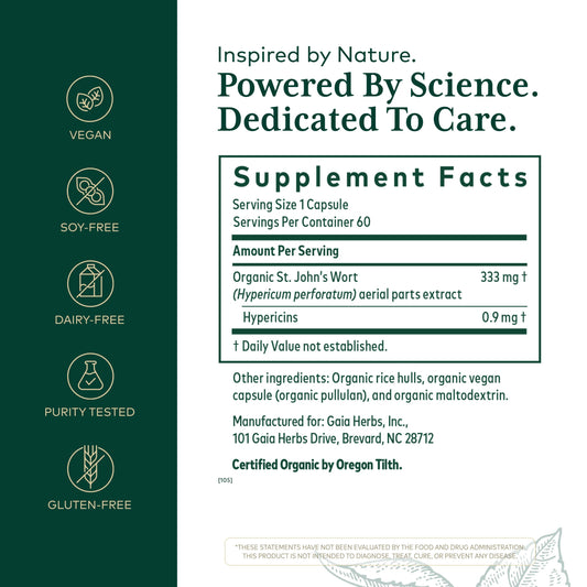 Side angle of Gaia Herbs Professional Solutions St Johns Wort bottle showcasing organic ingredient profile.