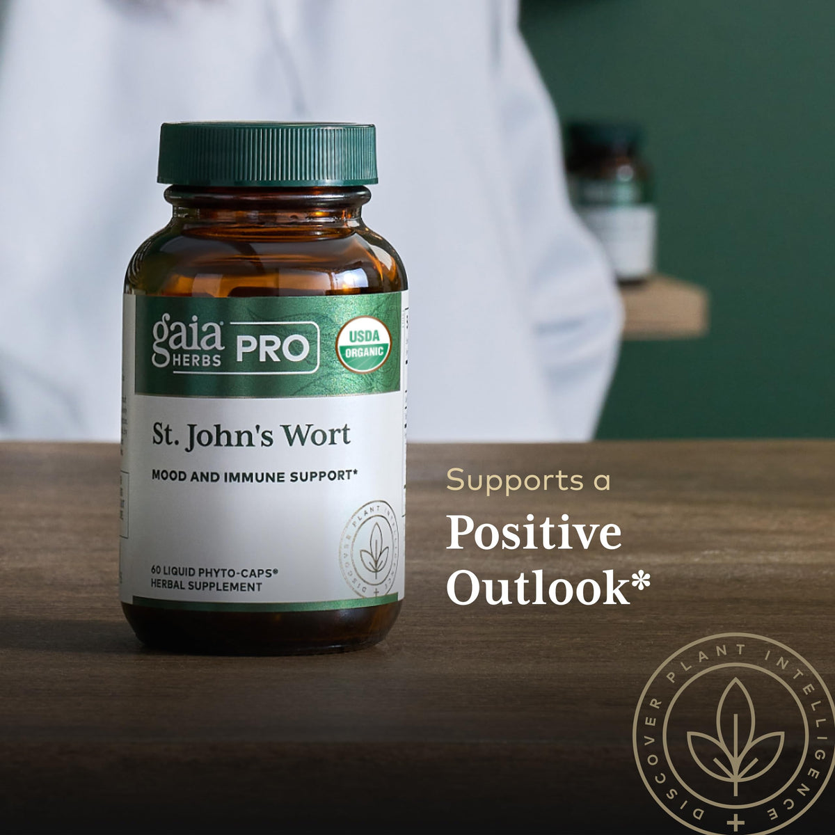 Organic St Johns Wort capsules by Gaia Herbs Pro demonstrating USA imported premium packaging.