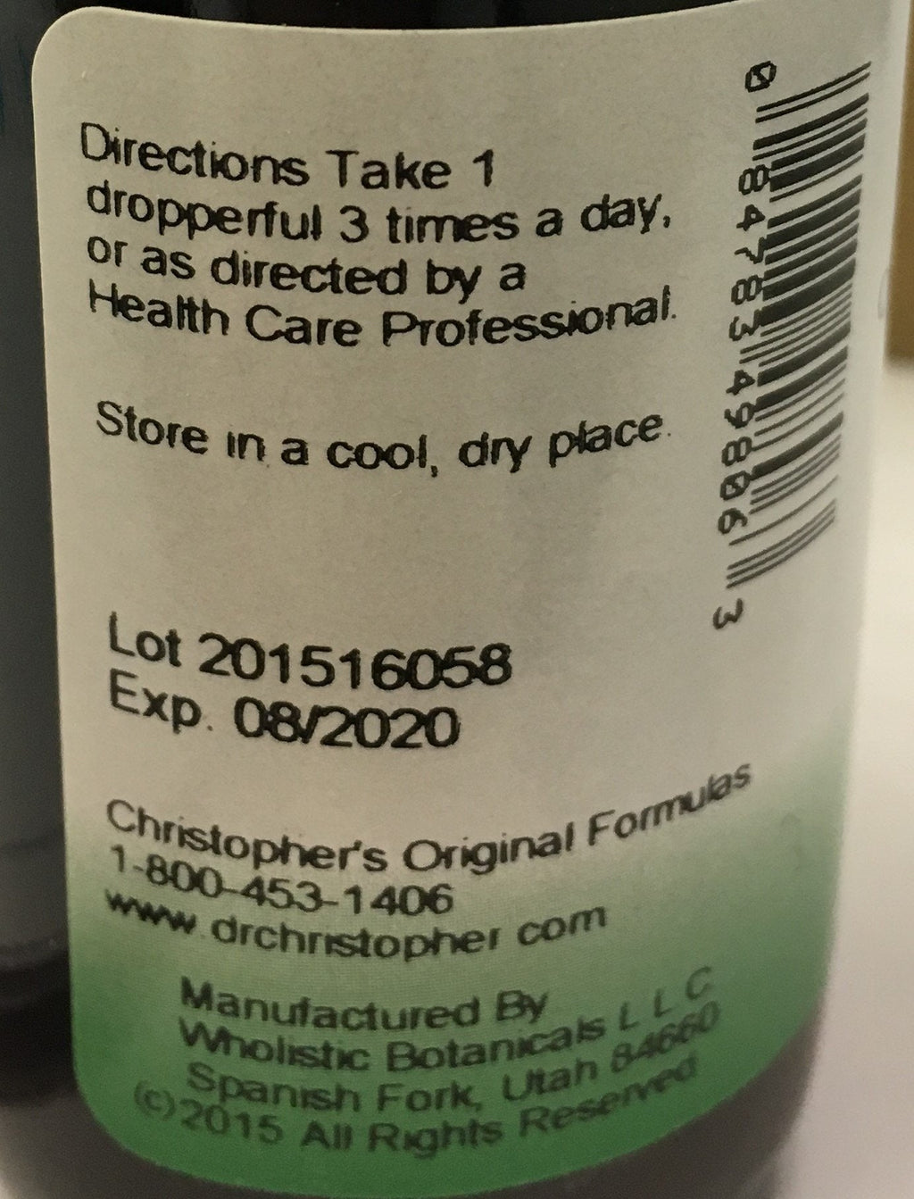 Christopher's Original Formulas herbal supplement bottle label details