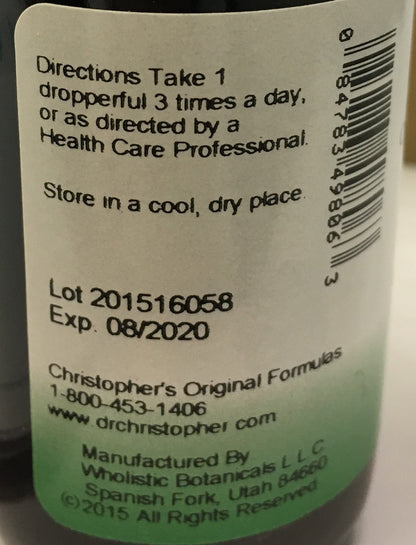 Christopher's Original Formulas herbal supplement bottle label details