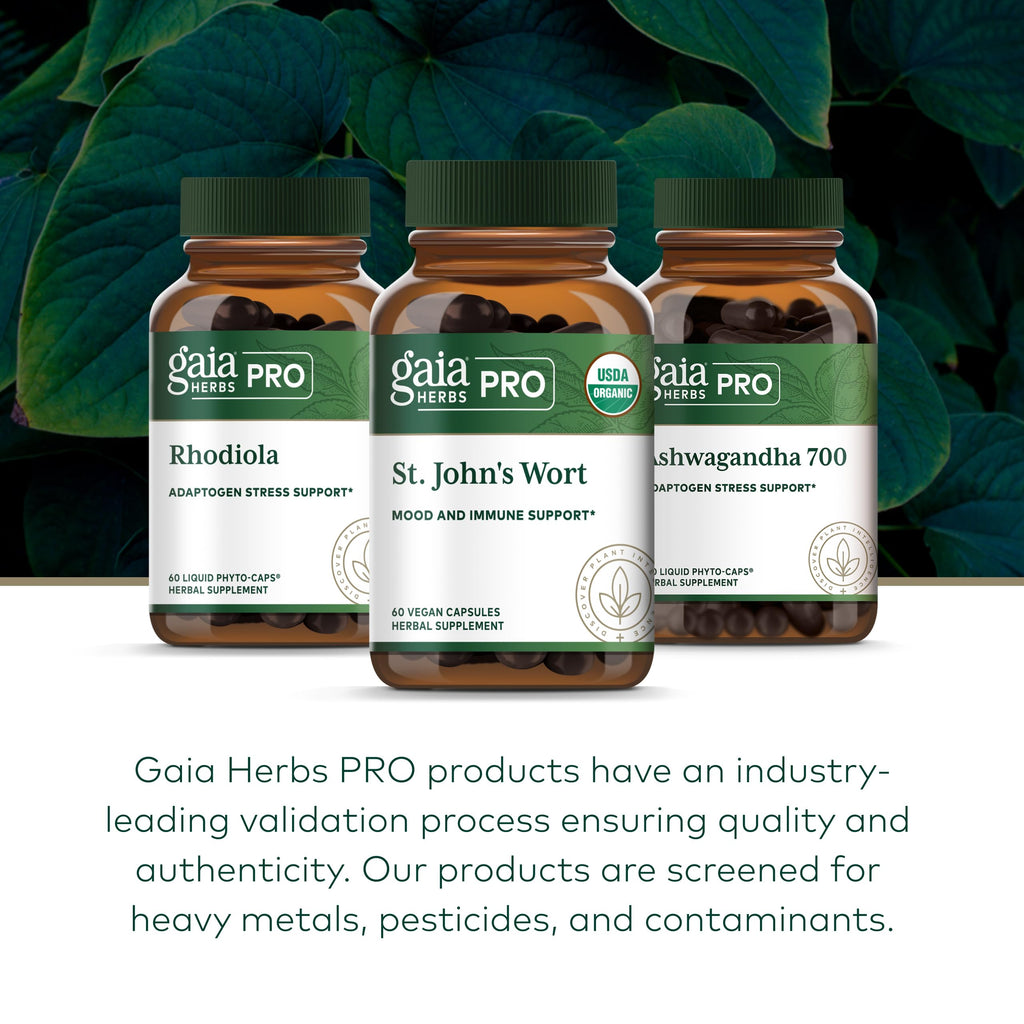 Nutritional facts panel on the Gaia Herbs Pro St Johns Wort immune support bottle.