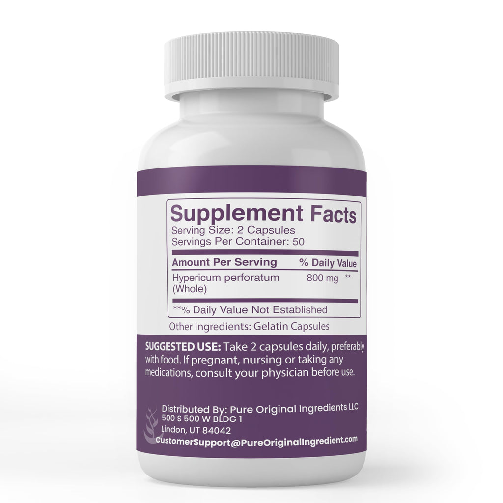 Pure Original Ingredients St Johns Wort supplement label showing 800 milligrams serving size