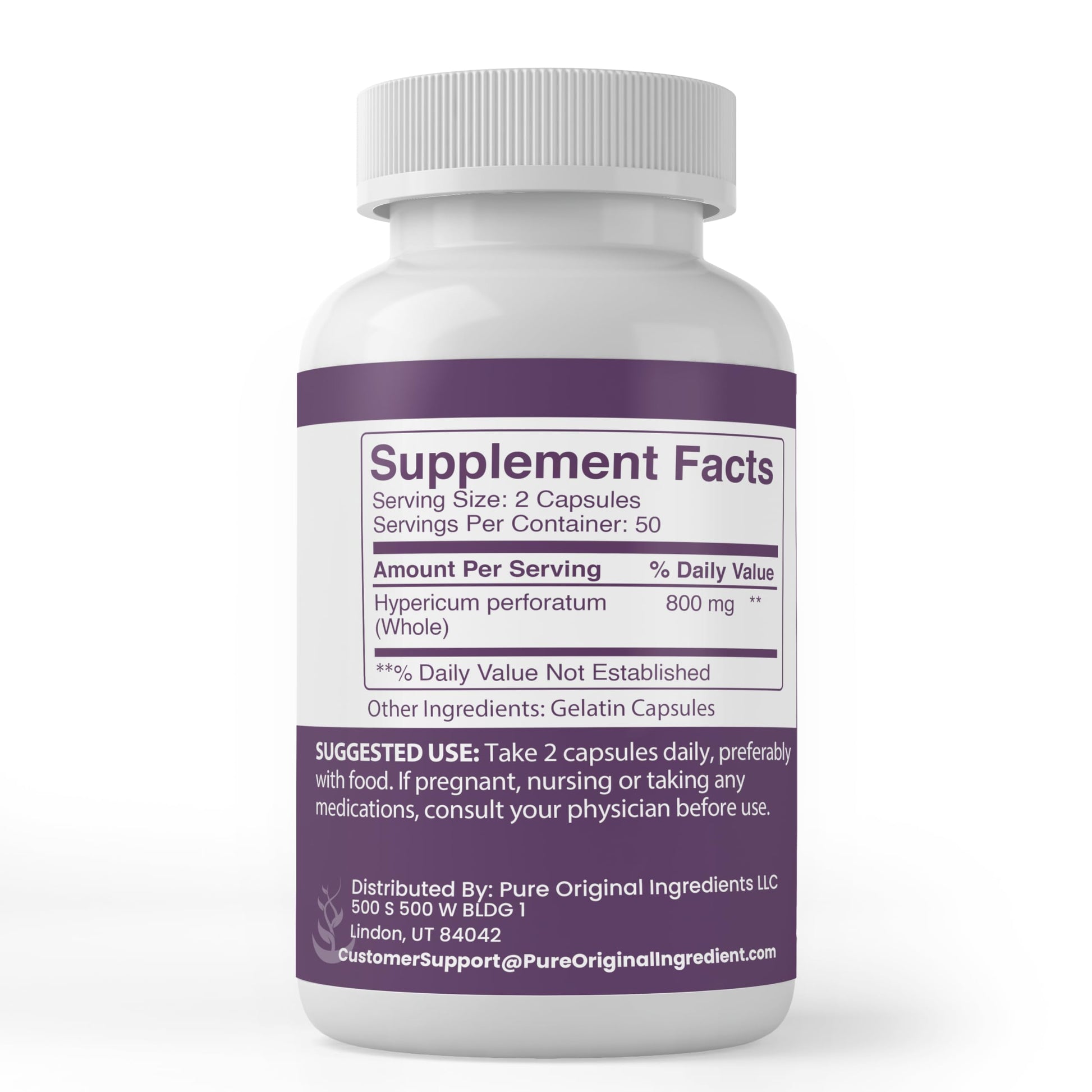 Pure Original Ingredients St Johns Wort supplement label showing 800 milligrams serving size