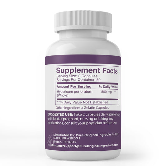 Pure Original Ingredients St Johns Wort supplement label showing 800 milligrams serving size