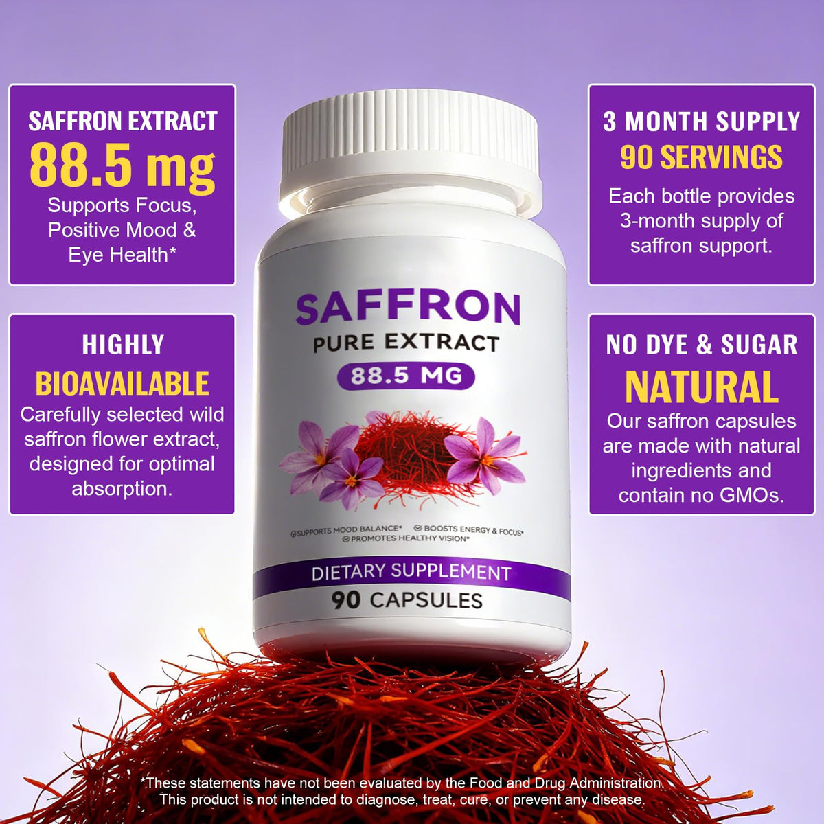 Daiasns Saffron Supplement bottle front view showcasing organic extract mood support labels.