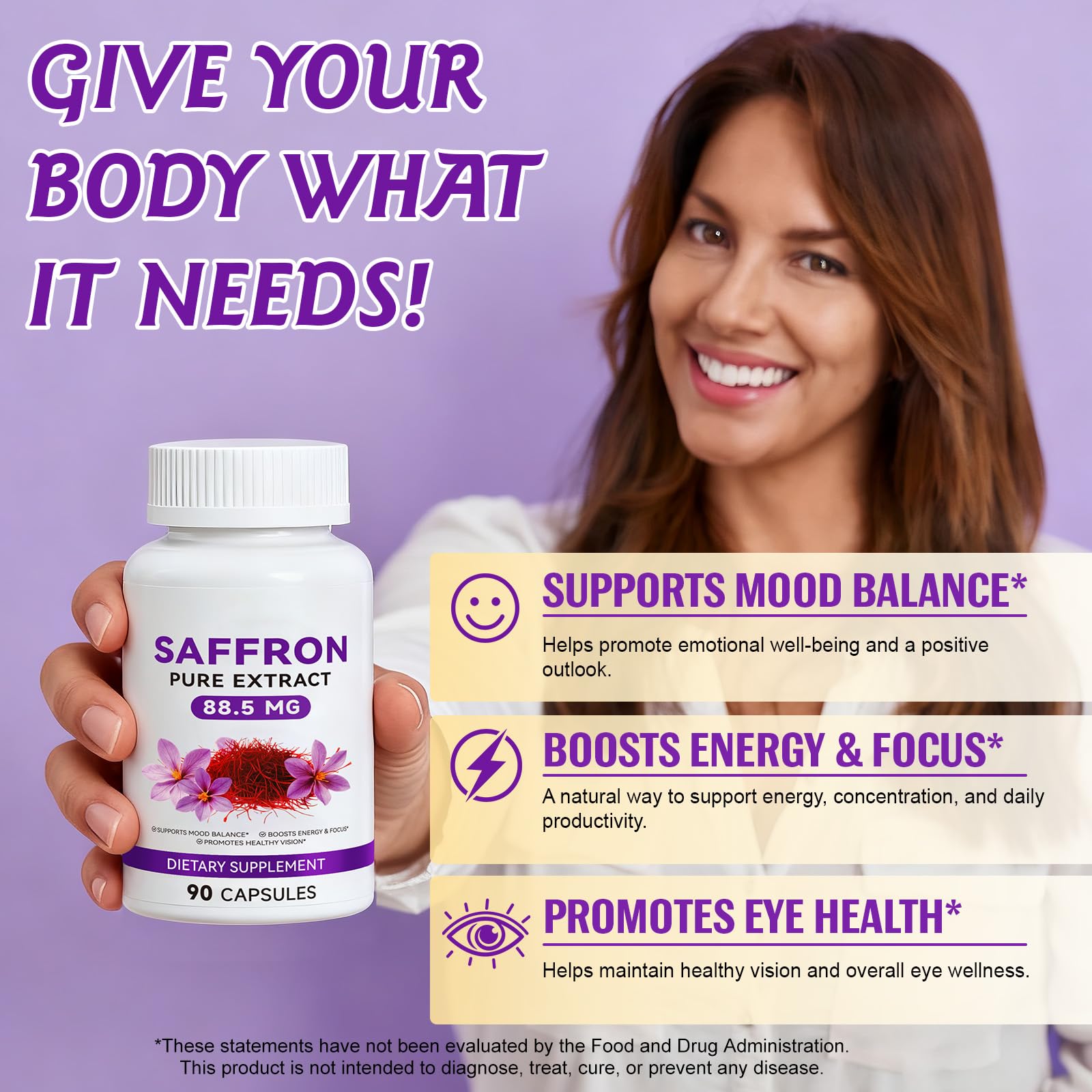 Back label of authentic Daiasns organic saffron extract showing supplement facts and ingredients.