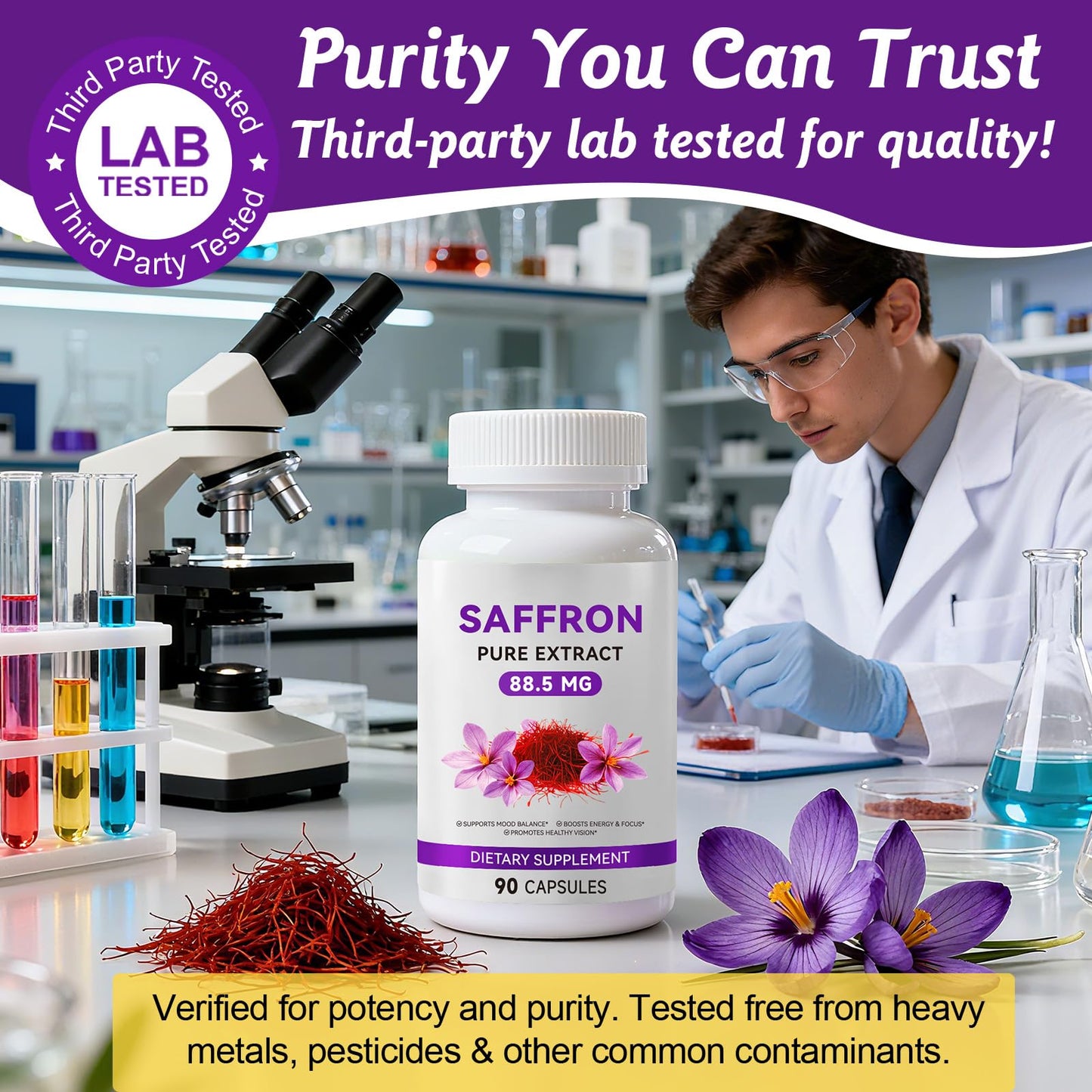 Close up of Daiasns saffron capsules on a clean background demonstrating vegan product format.
